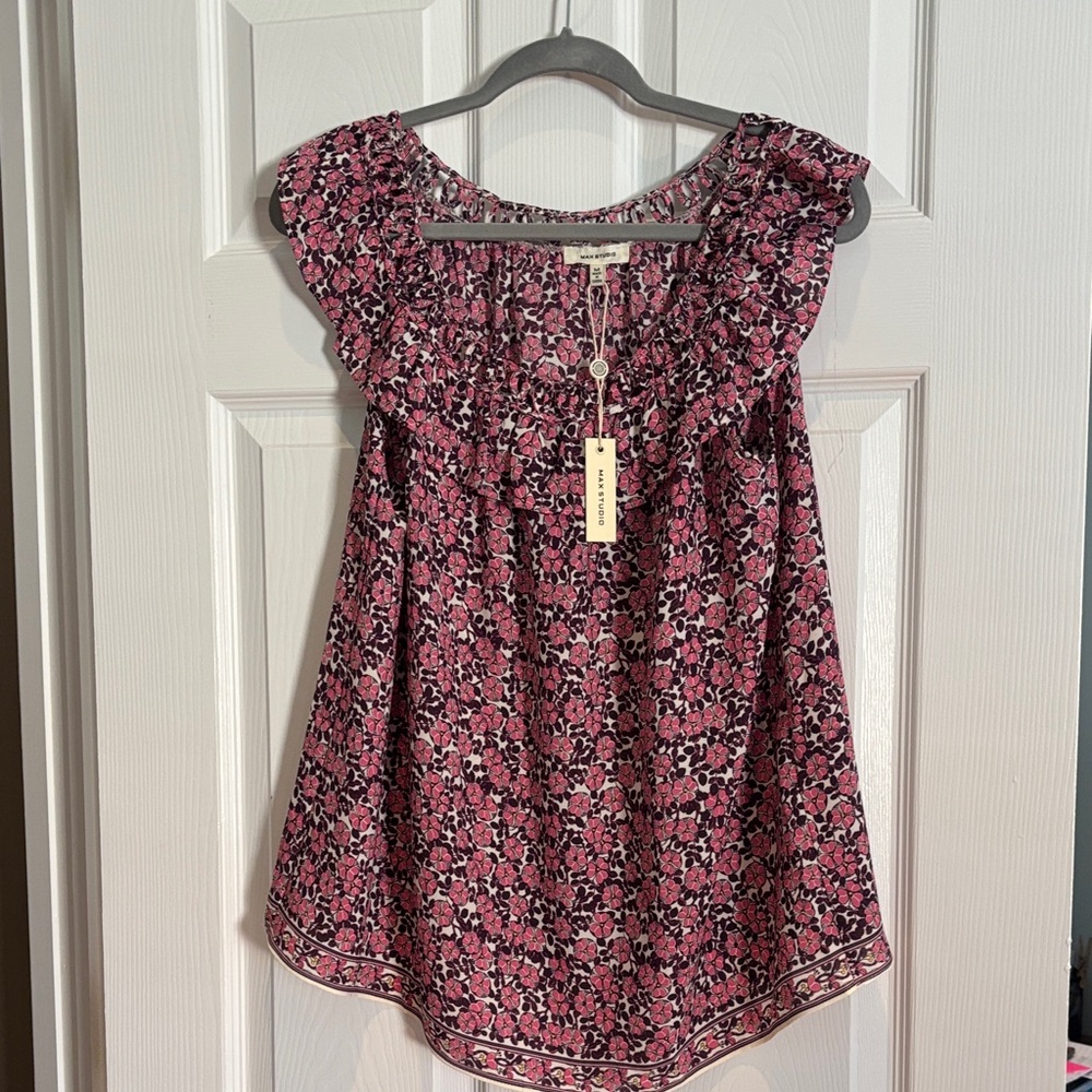 Max Studio Pink Floral Ruffle Blouse